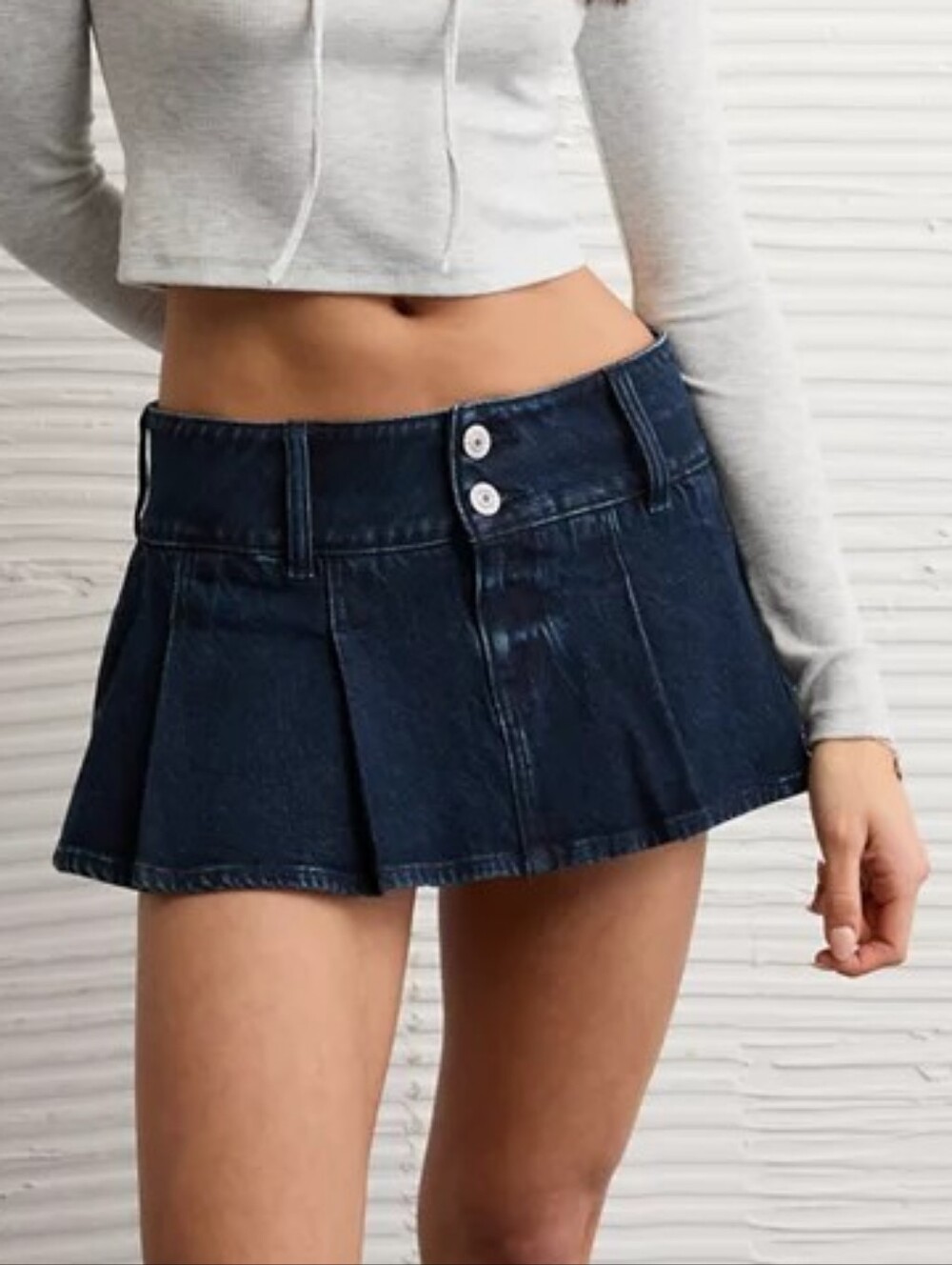 American Eagle Dark Wash Denim Super Low Rise Pleated Mini Jean Skirt Size 10
